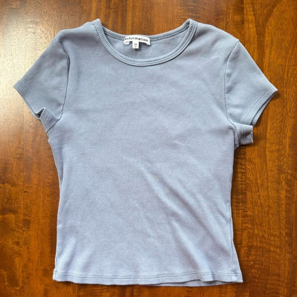 Reformation Short Sleeve Ribbed Tee in Light Blue